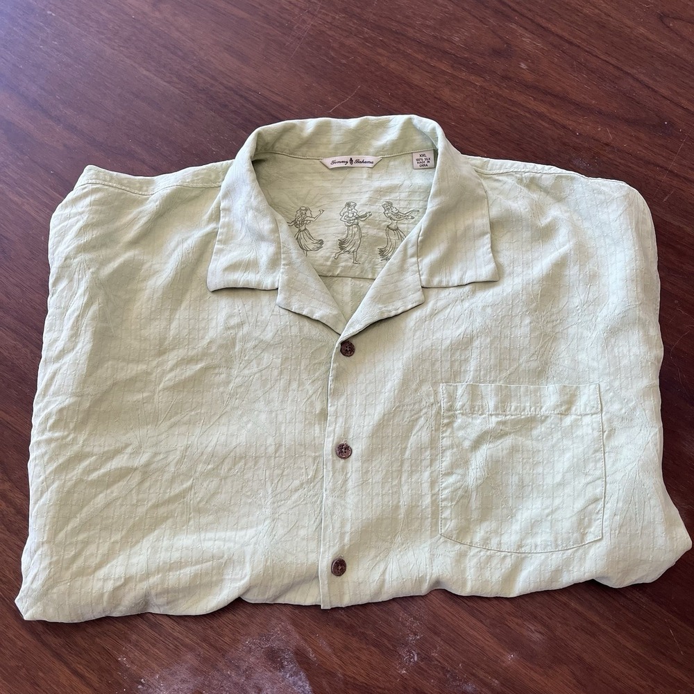 Tommy Bahama Shirt Men‎ XXL Wafle-Knit Leaf Jacuqard Green Minimal Hawaiian Silk
